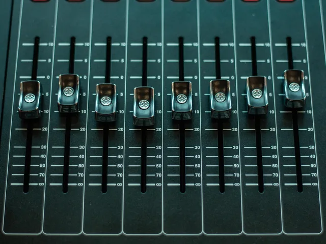 fader, volume control, audio mixer, console, control panel, mixing console, studio mixer, music, sound, audio, device, closeup. ASCAP, BMI and SoundExchange for a US music studio: when to license or register
