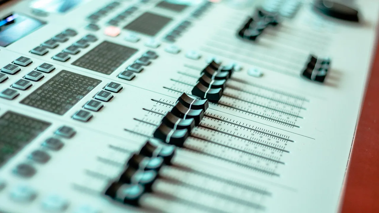 fader, volume control, audio mixer, console, control panel, mixing console, studio mixer, music, sound, audio, device, closeup. Music studio quality control: three routine checks