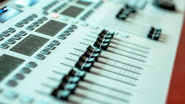 fader, volume control, audio mixer, console, control panel, mixing console, studio mixer, music, sound, audio, device, closeup. Music studio quality control: three routine checks