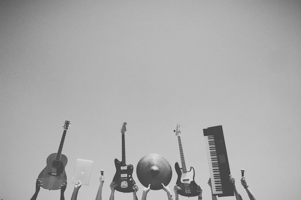 music, instruments, guitar, band, studio, microphone, macbook, computer, sound, keyboard, cymbal, hands, musicians, electric guitars, accoustin guitar, cymbols, laptop, apple, audio, gray computer, gray music, gray laptop, gray apple, gray guitar, gray microphone, gray keyboard, guitar, band, band, band, band, band. The starter equipment list for a music studio in 2027
