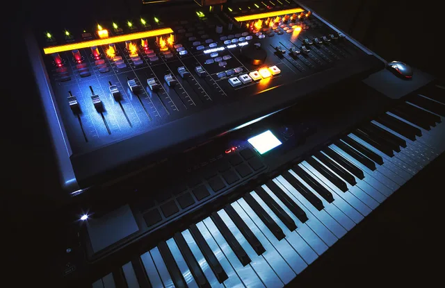 Closeup view on small modern home music studio, keyboard, mixing console and computer. Music studio trends that move demand in 2027