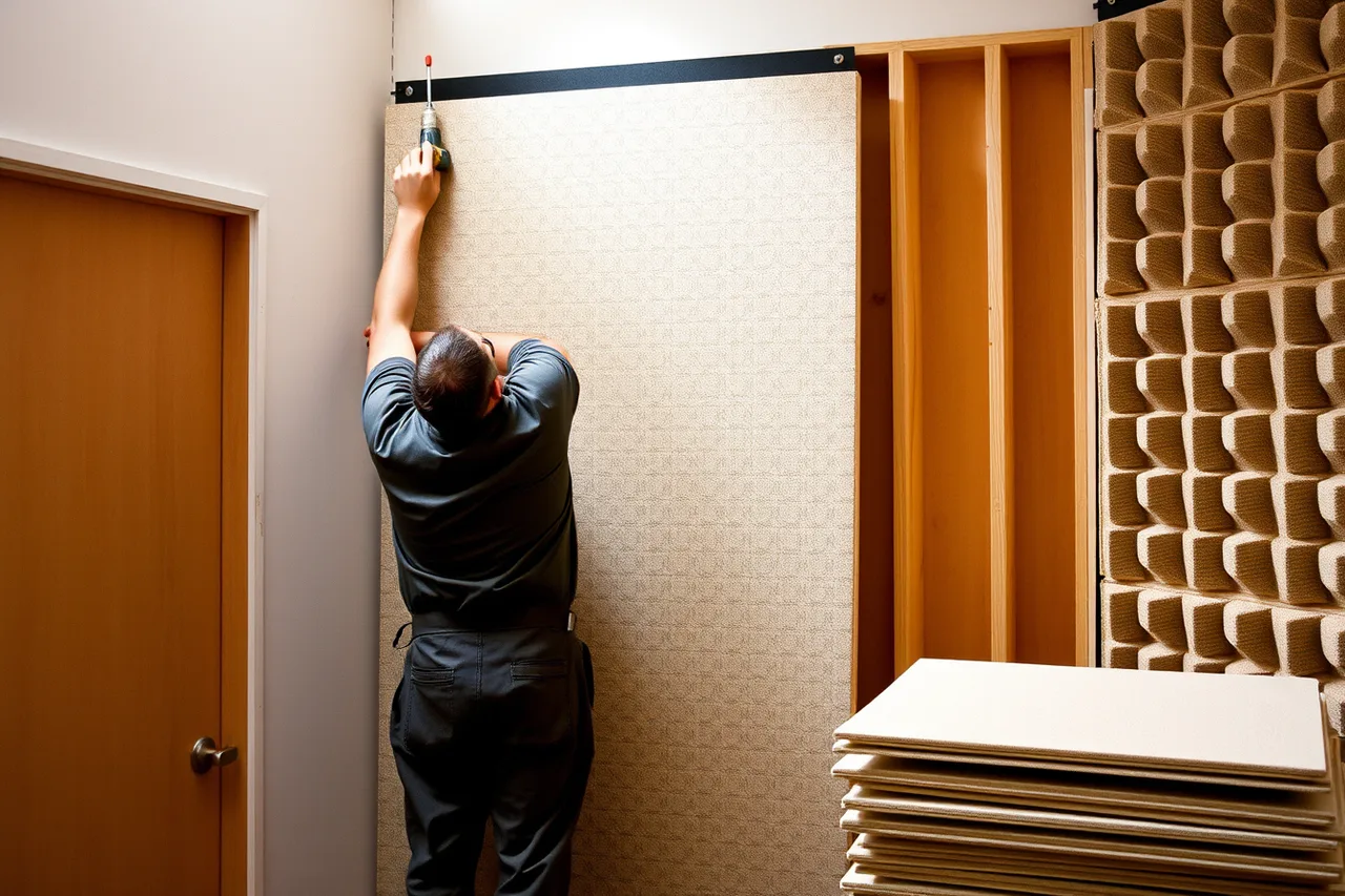 Worker mounting acoustic panels on a studio wall (The starter equipment list for a music studio in 2027)