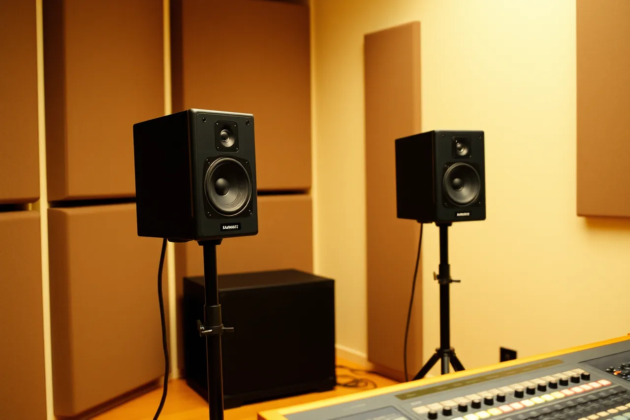 Studio monitors on stands in a treated control room (The starter equipment list for a music studio in 2027)