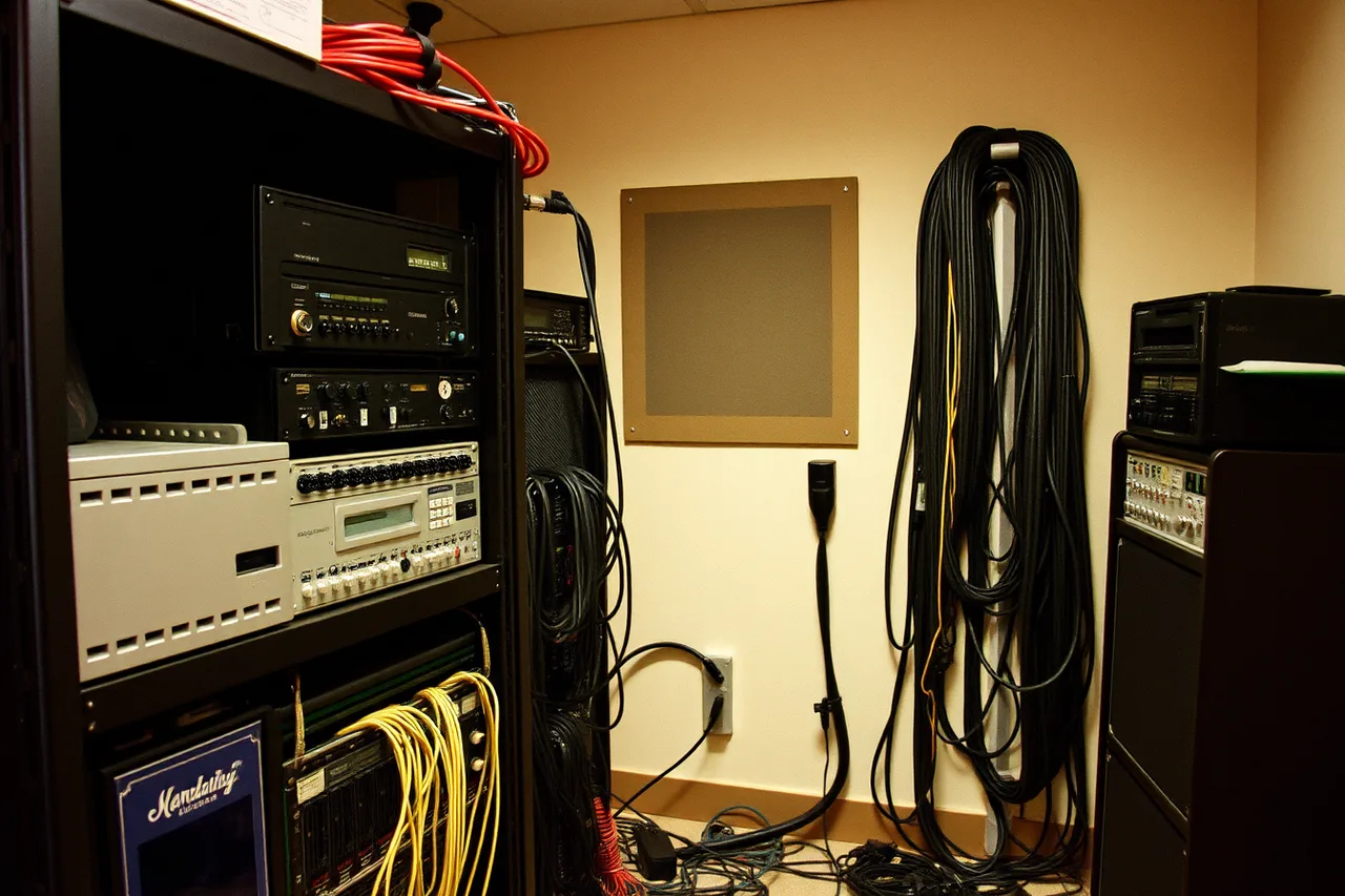 Rack of computers and amplifiers in a separate machine room (The starter equipment list for a music studio in 2027)