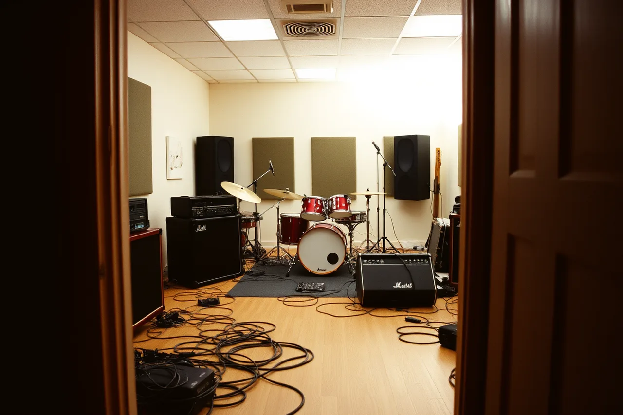 Live room with drum kit and amps set up for recording (7 parts of music studio marketing, explained)